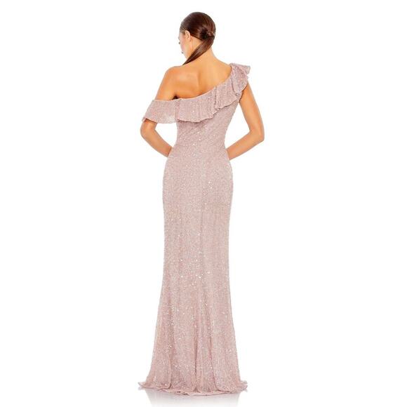 MAC DUGGAL 5611 Sequined Drop One Shoulder Ruffle Trumpet Gown Mocha 2 NEW - Picture 4 of 10